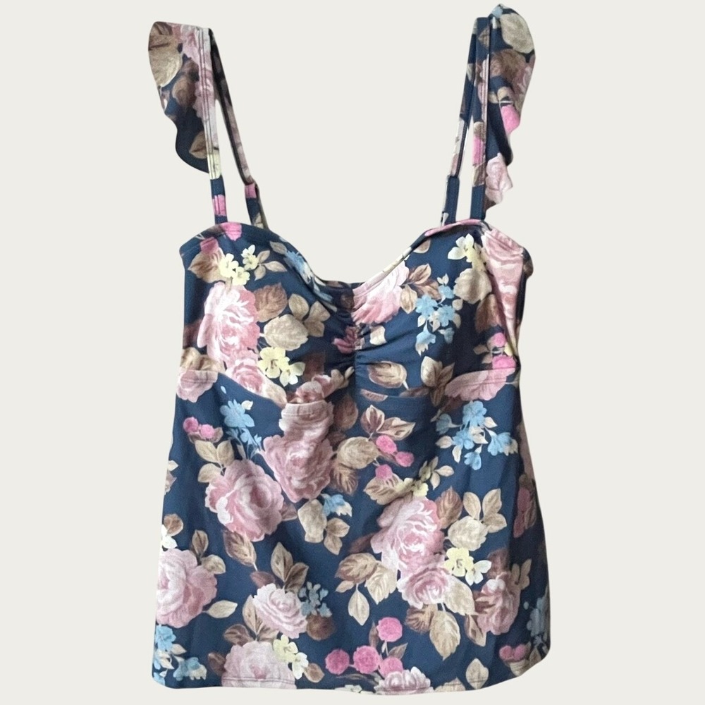 Shade & Shore Floral Ruffle Strap Tankini Swim Top Womens Large Blue NWT